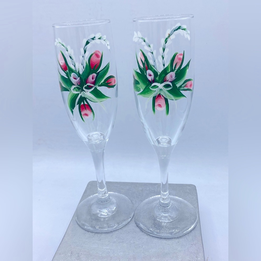Hand-Painted 2 Floral Champagne Flutes - Picture 5 of 5